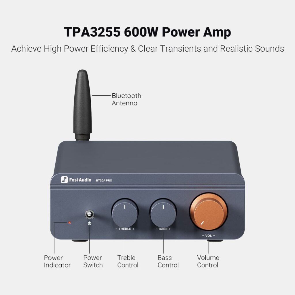 Fosi Audio BT20A Pro amplifier shown at an angle with control knobs visible