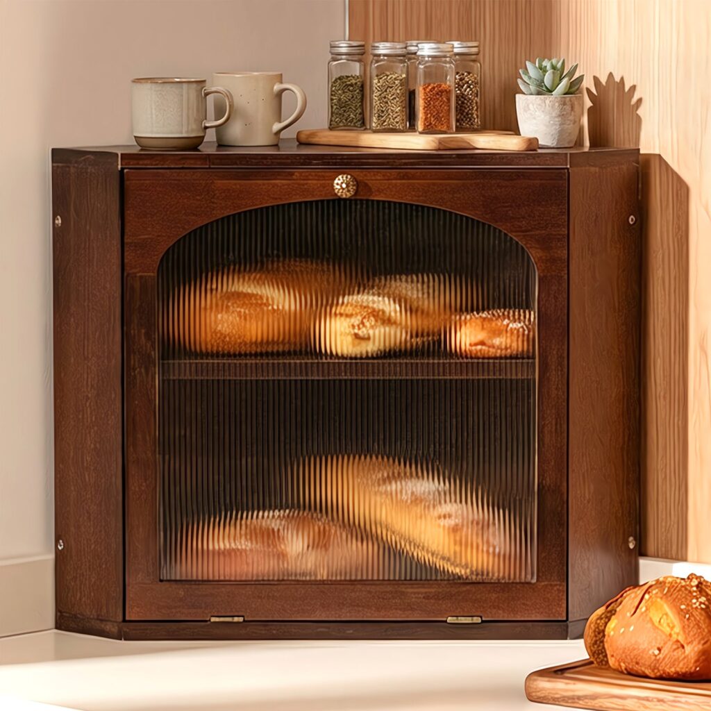 CheerNest solid wood corner bread box on a kitchen countertop