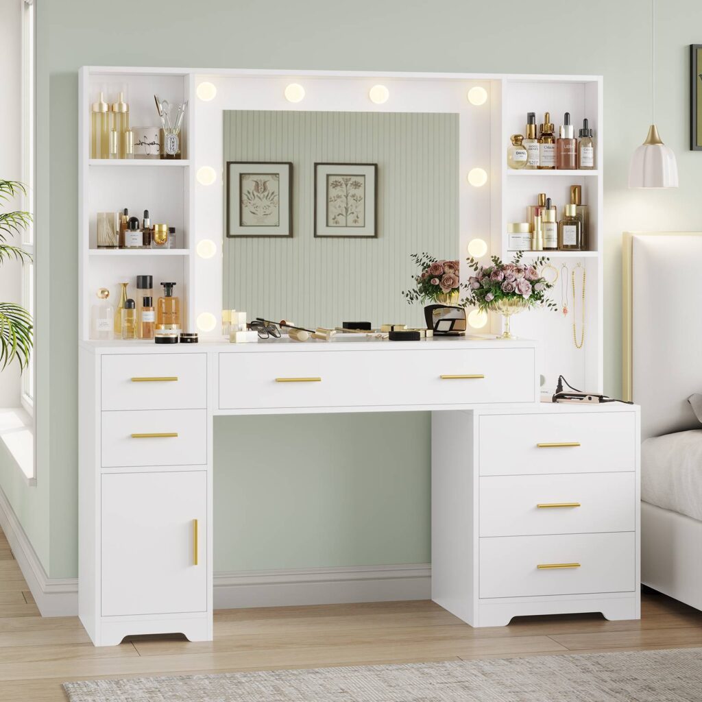 Hasuit white vanity desk with lighted mirror and storage drawers