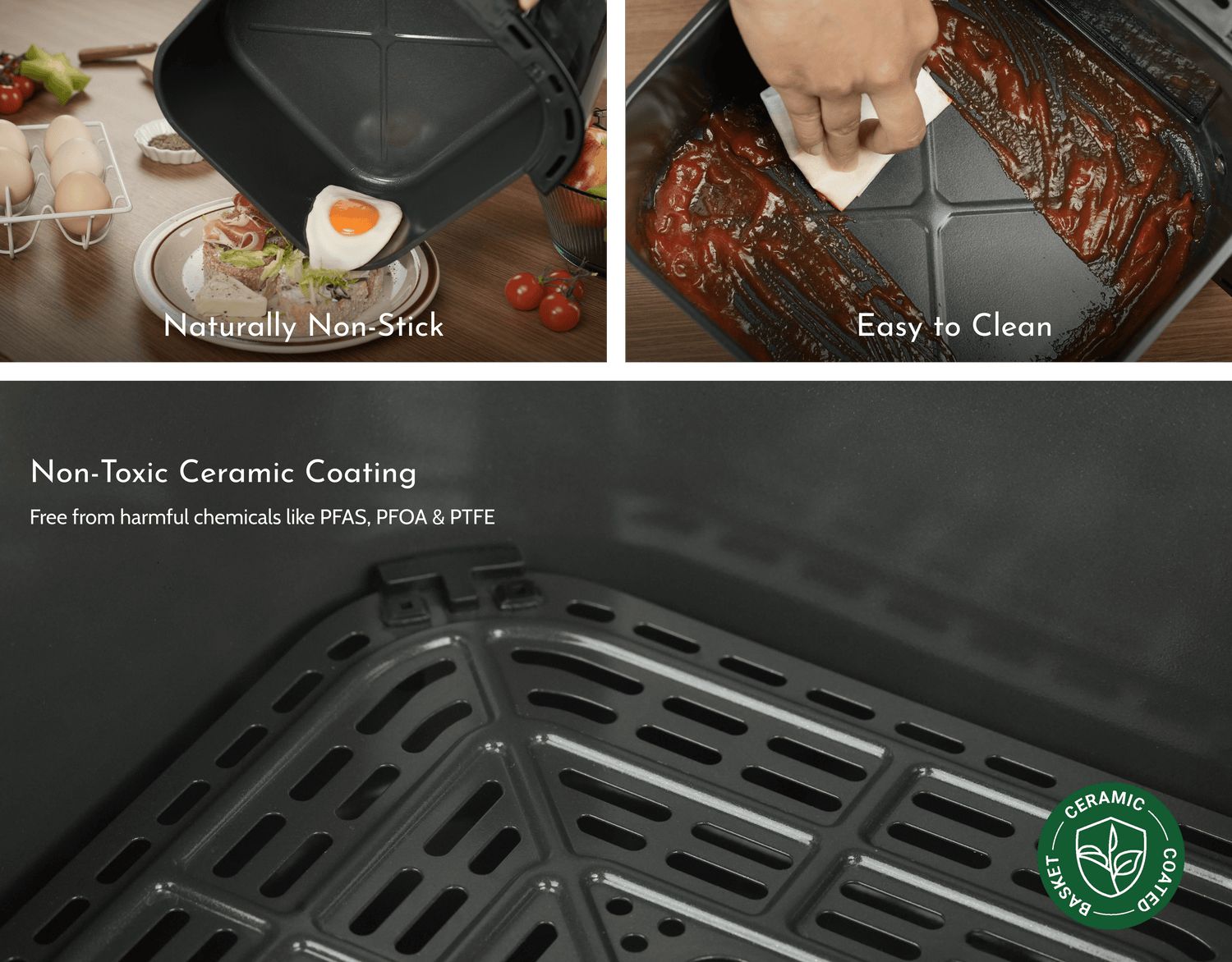 Close-up of Tastee's CeraMagic non-stick ceramic coating inside the basket