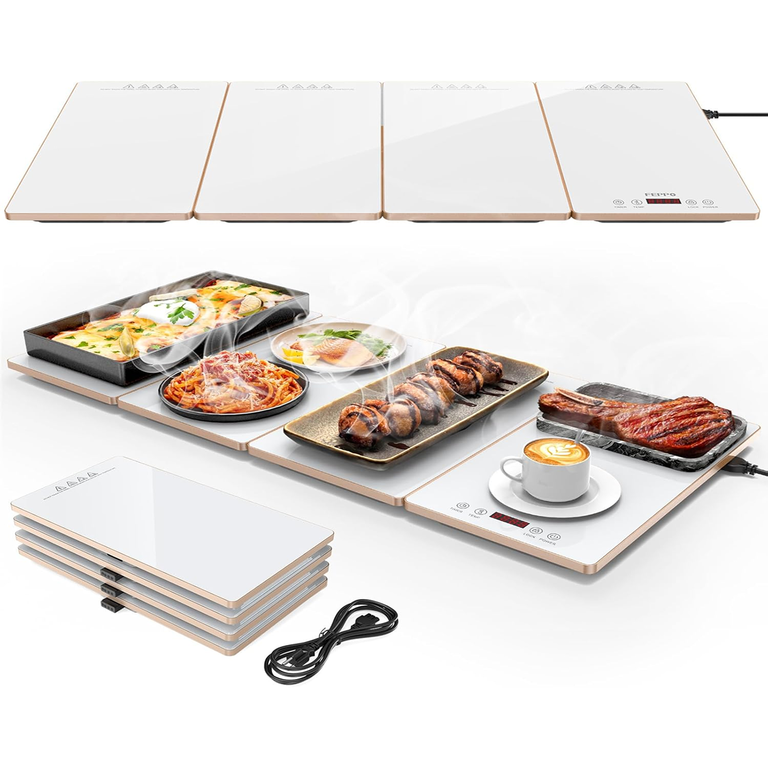 FEPPO 4-in-1 Electric Warming Tray, black tempered glass surface