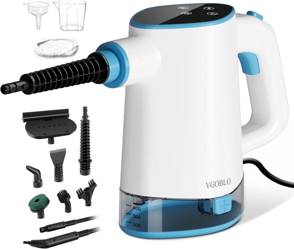 VGOBLO handheld steam cleaner with its full accessory kit laid out