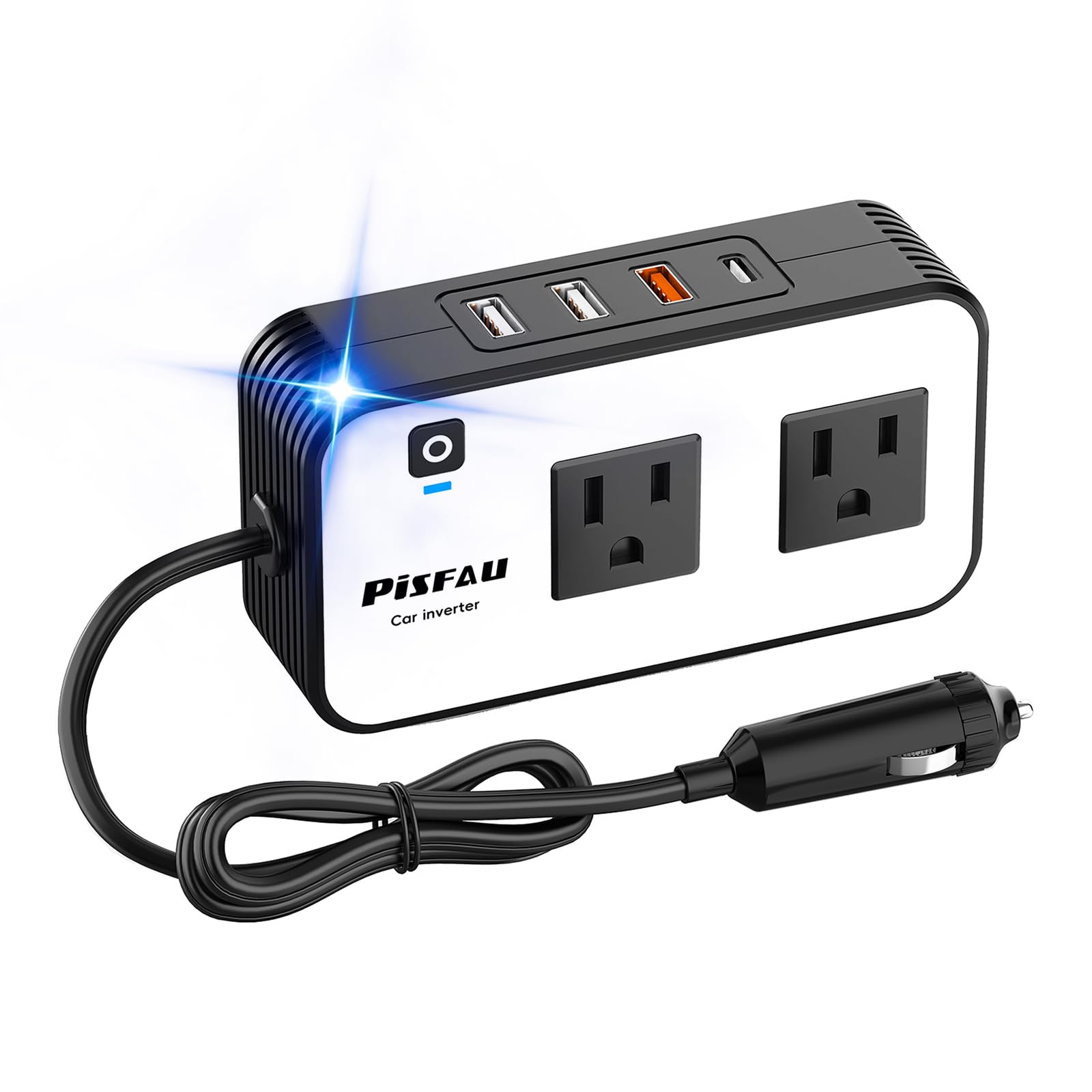 PiSFAU 200W Car Power Inverter plugged into a car outlet with USB and AC ports visible