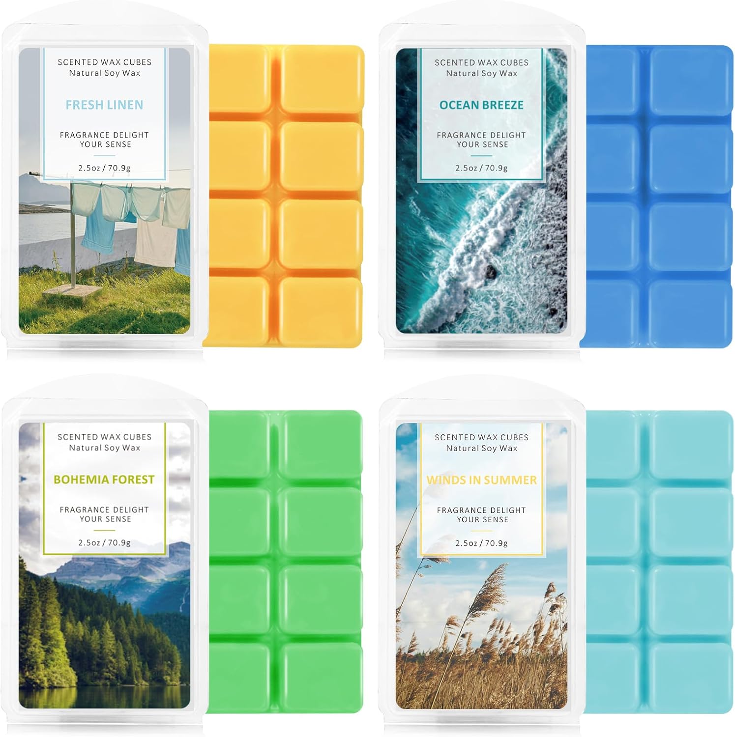 STRN Scented Wax Melts wax cubes set in Ocean Breeze, Fresh Linen, Bohemia Forest and Summer Wind