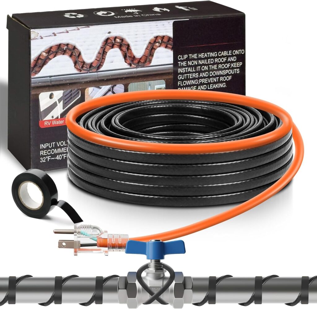 Wufoty self-regulating pipe heat cable coiled next to its retail box, tape roll, and shutoff valve fitting