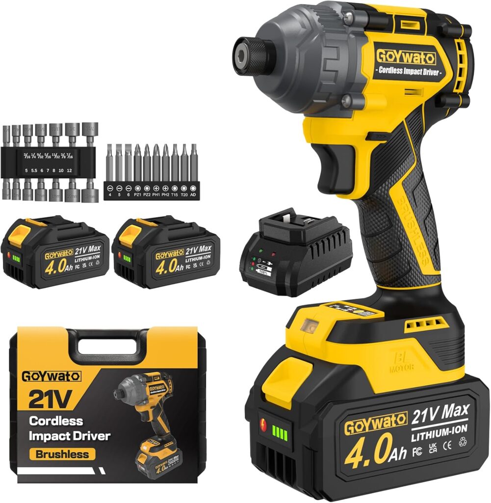 GoYwato 21V cordless impact driver kit with two batteries, charger, sockets and screwdriver bits