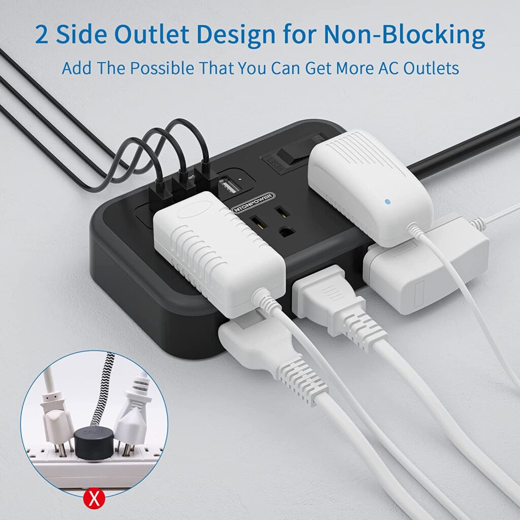 NTONPOWER power strip showing outlet and USB charging port design