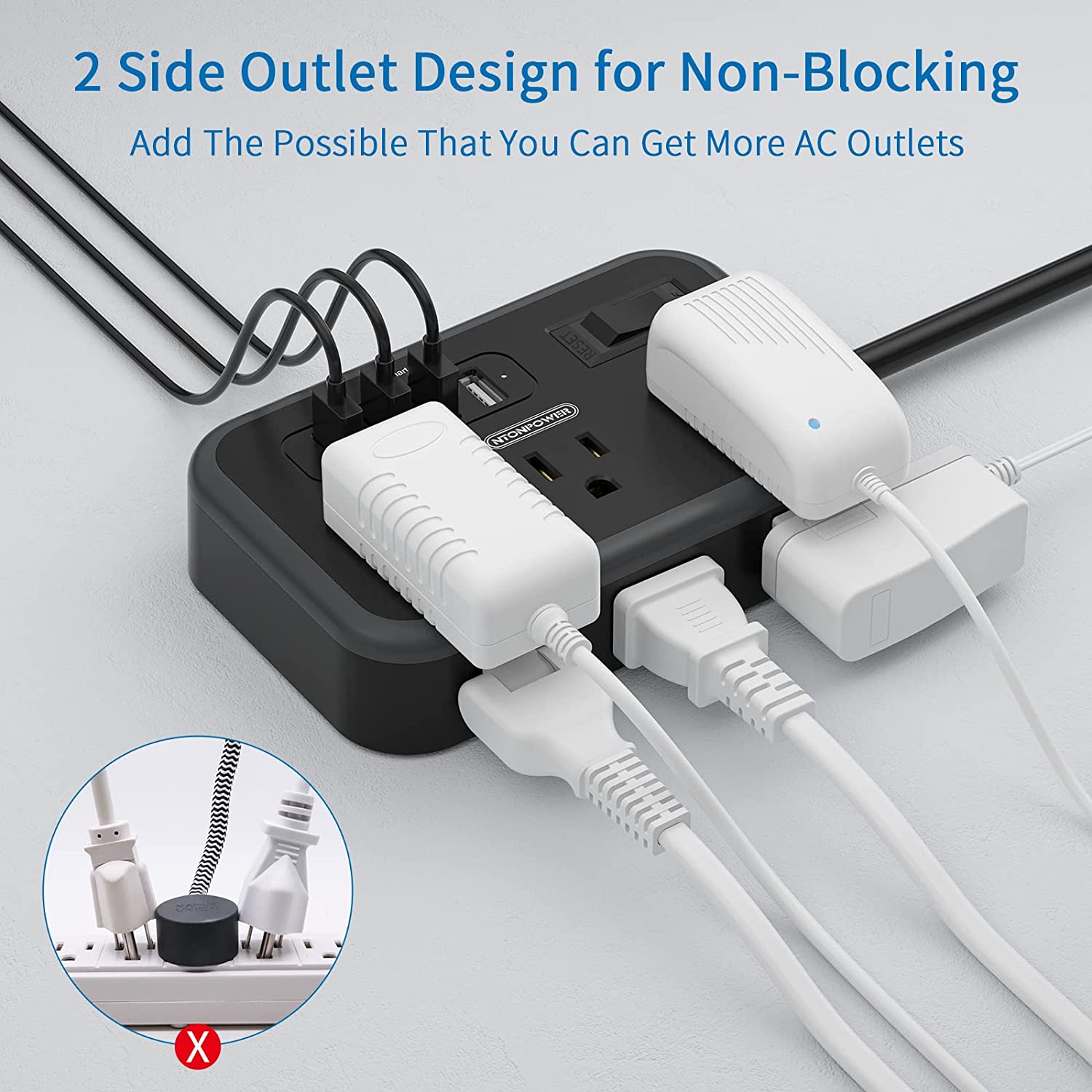 NTONPOWER 15 ft flat plug power strip with 6 outlets and 4 USB charging ports