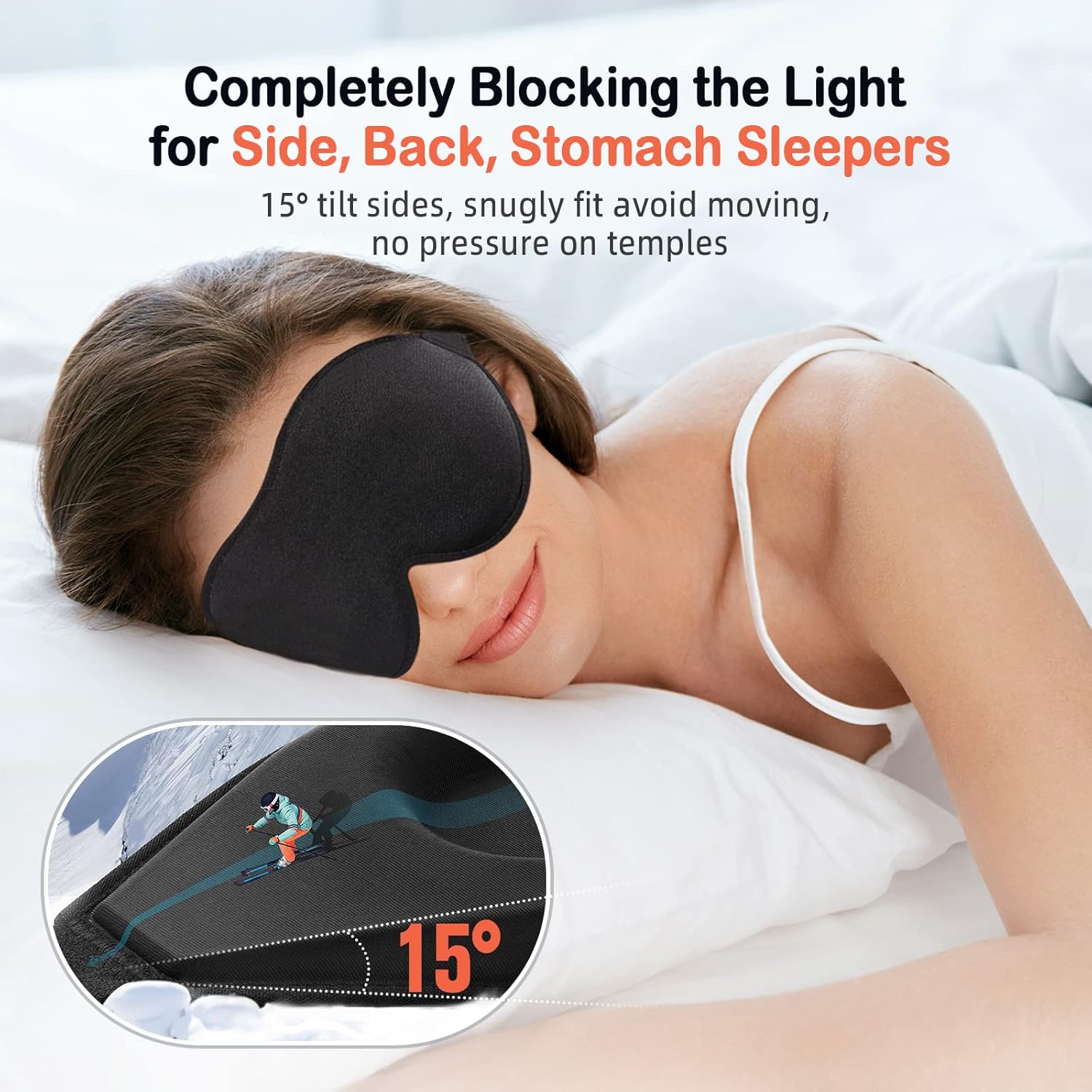 LitBear 3D Contoured Cup Sleep Mask, side profile showing tilted temple padding