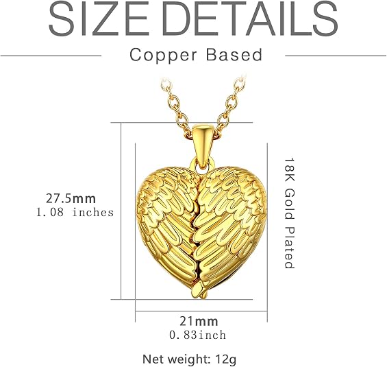 Size and material spec chart for U7 heart locket necklace showing copper based, 18K gold plated, 27.5mm dimensions