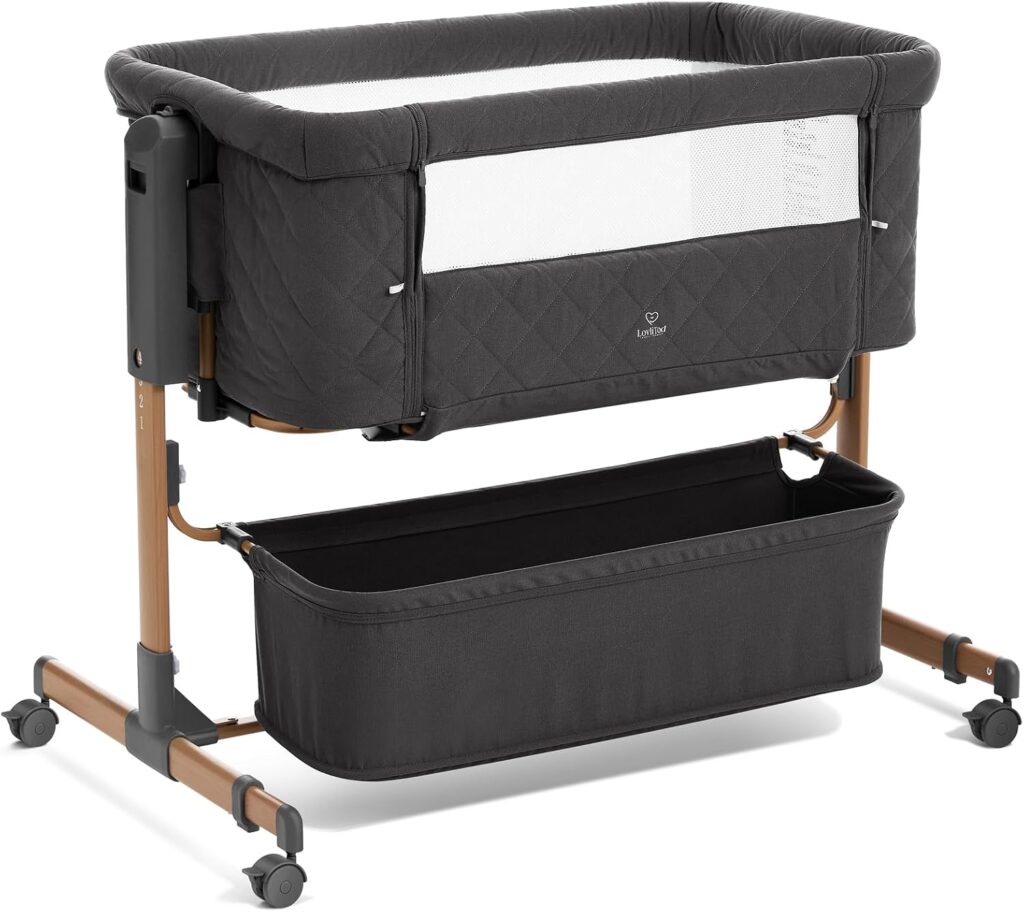 LovliTod bedside bassinet with visible LovliTod logo on the side panel