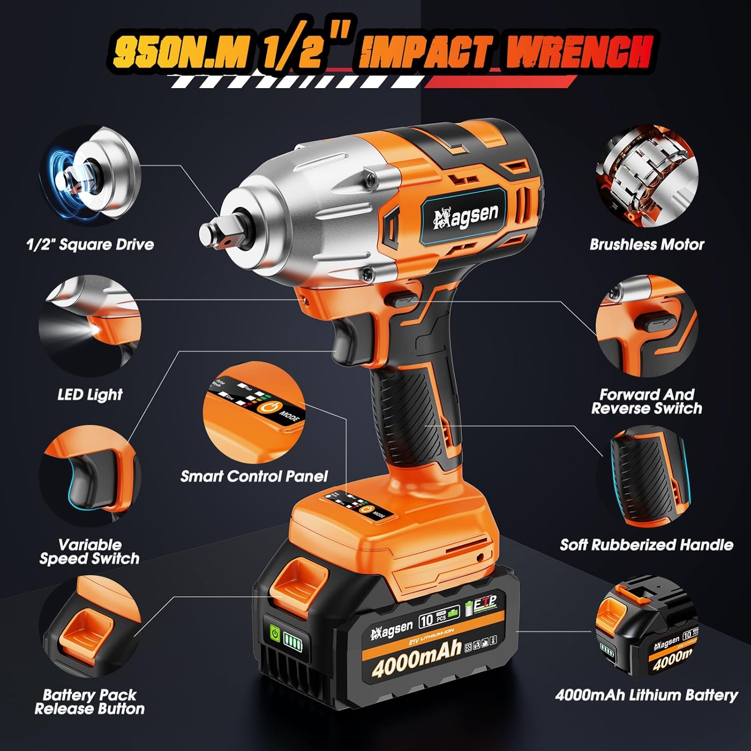 MAGSEN 700 ft-lbs cordless impact wrench with labeled features: 1/2 inch square drive, brushless motor, LED light, variable speed switch, and 4000mAh battery