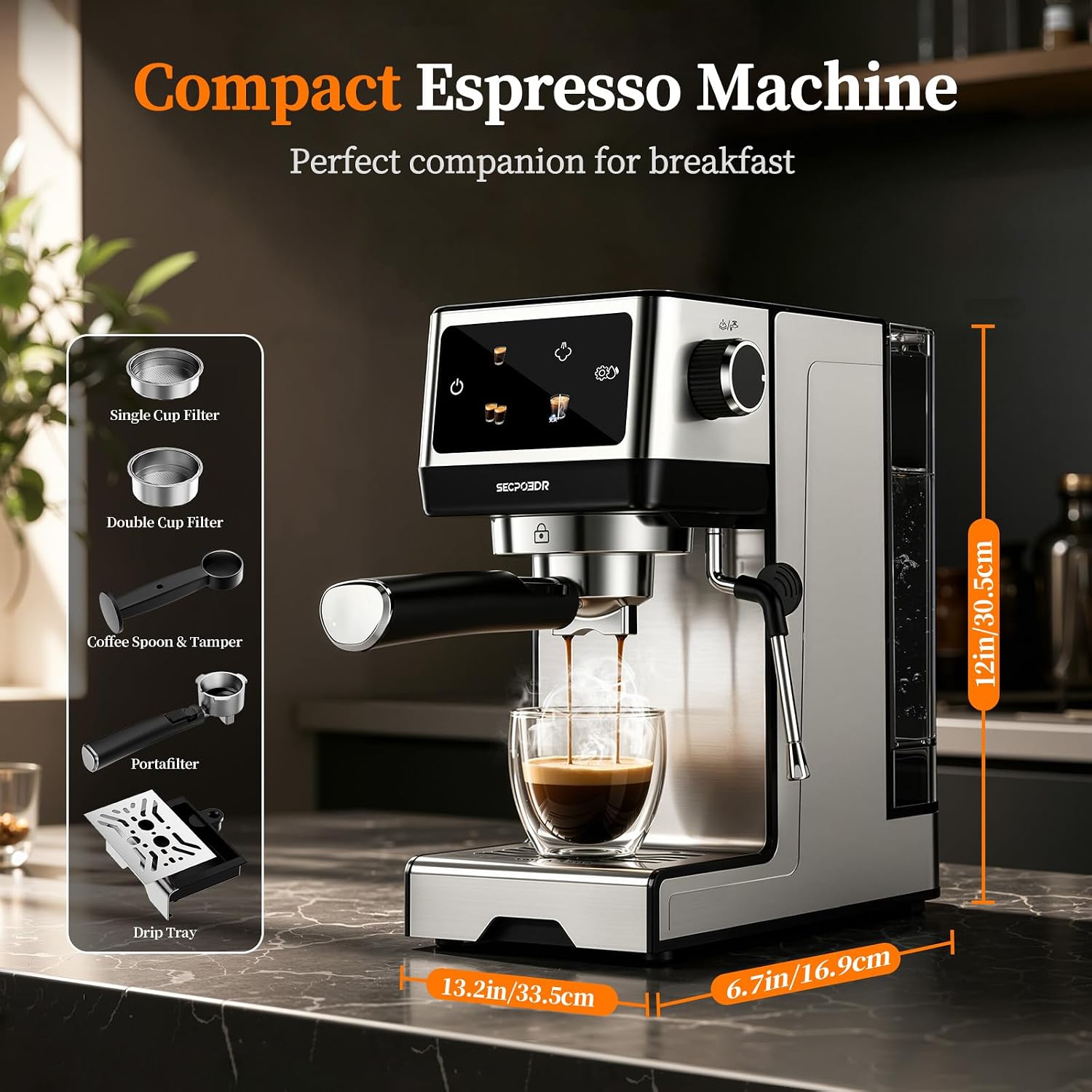 SECPOEDR 20 Bar Espresso Machine dimensions (13.2 x 6.7 x 12 in) and included accessories: single/double cup filter, tamper, portafilter, and drip tray