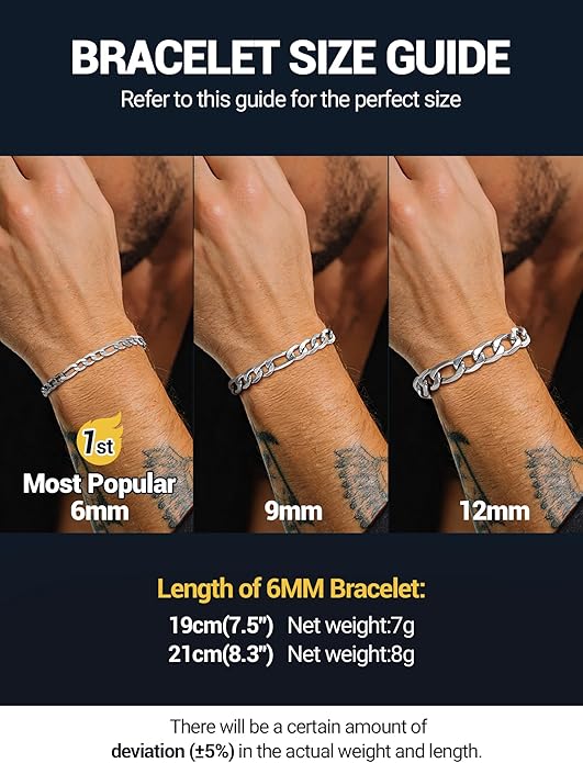 PROSTEEL bracelet size guide comparing 6mm, 9mm and 12mm widths worn on the wrist