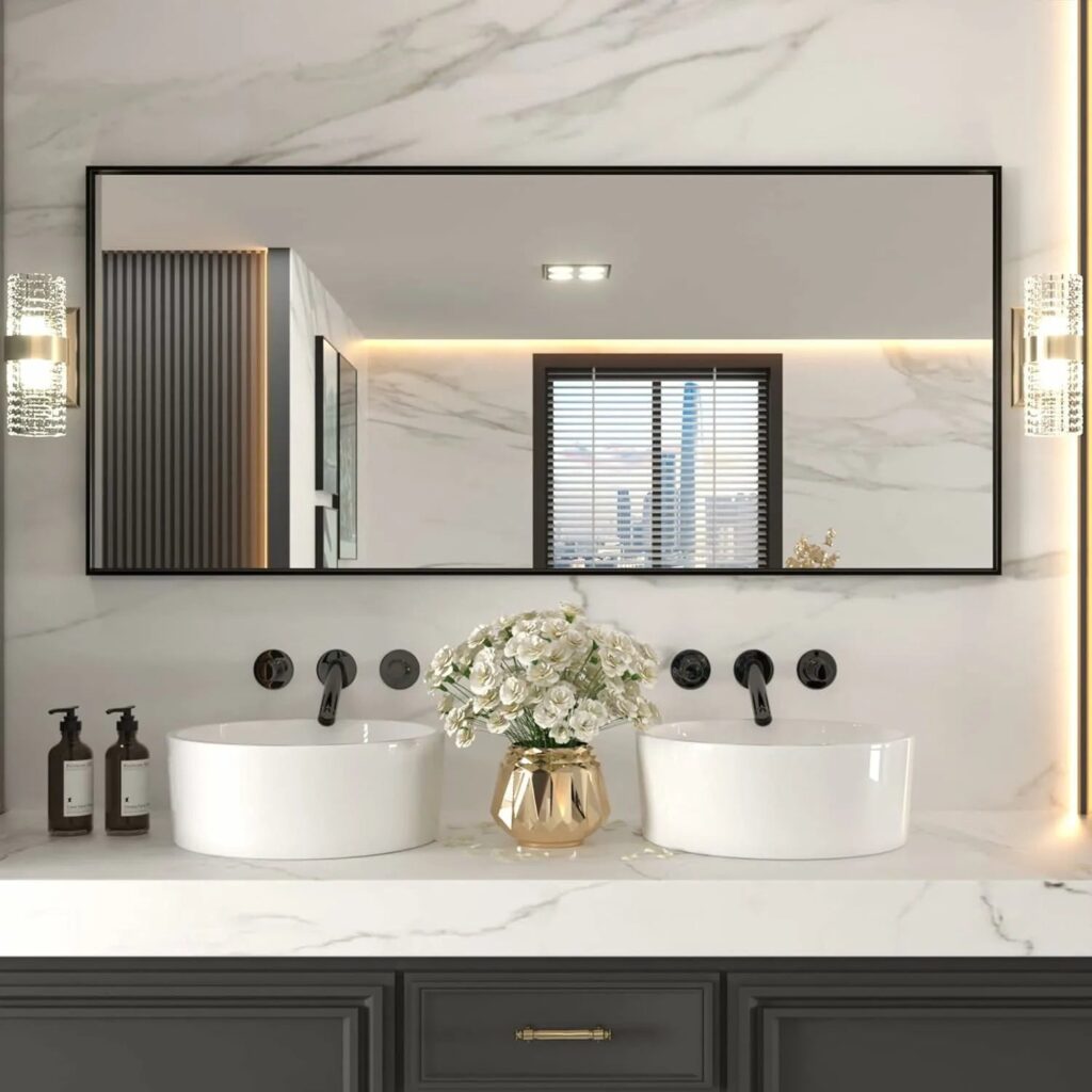 LOAAO black metal framed bathroom mirror packaged for shipping