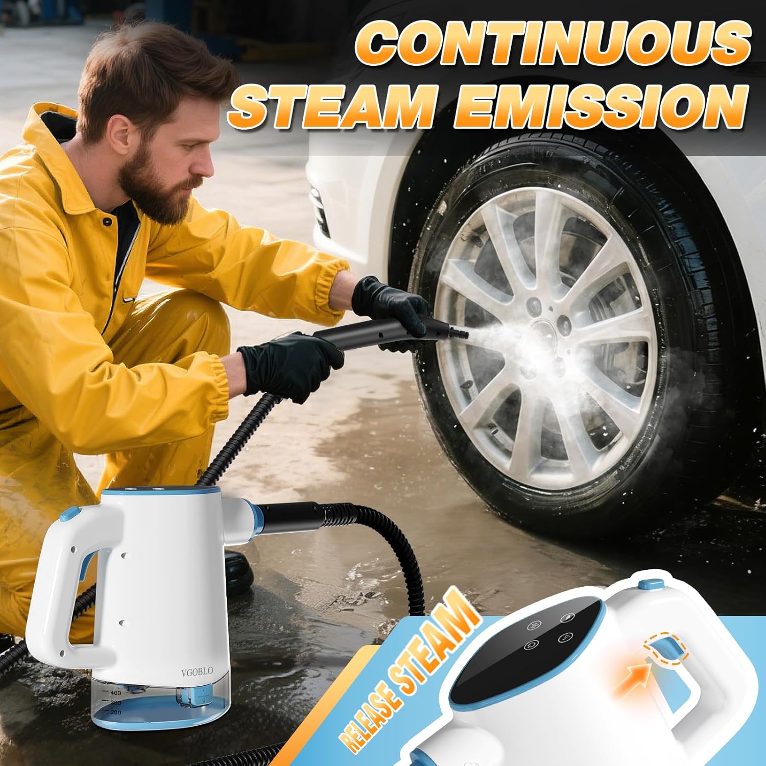 VGOBLO steam cleaner attachment removing grime from a car wheel