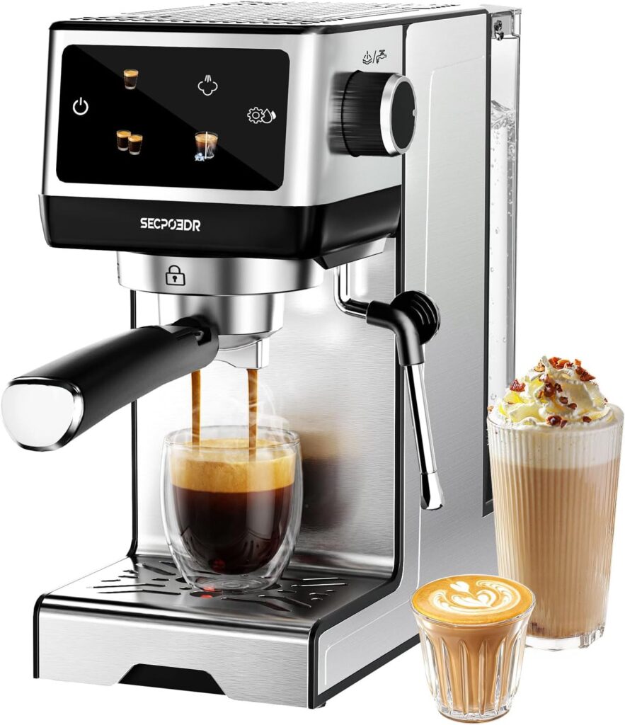 SECPOEDR 20 Bar Espresso Machine with Milk Frother pulling a shot next to an iced coffee and a cappuccino