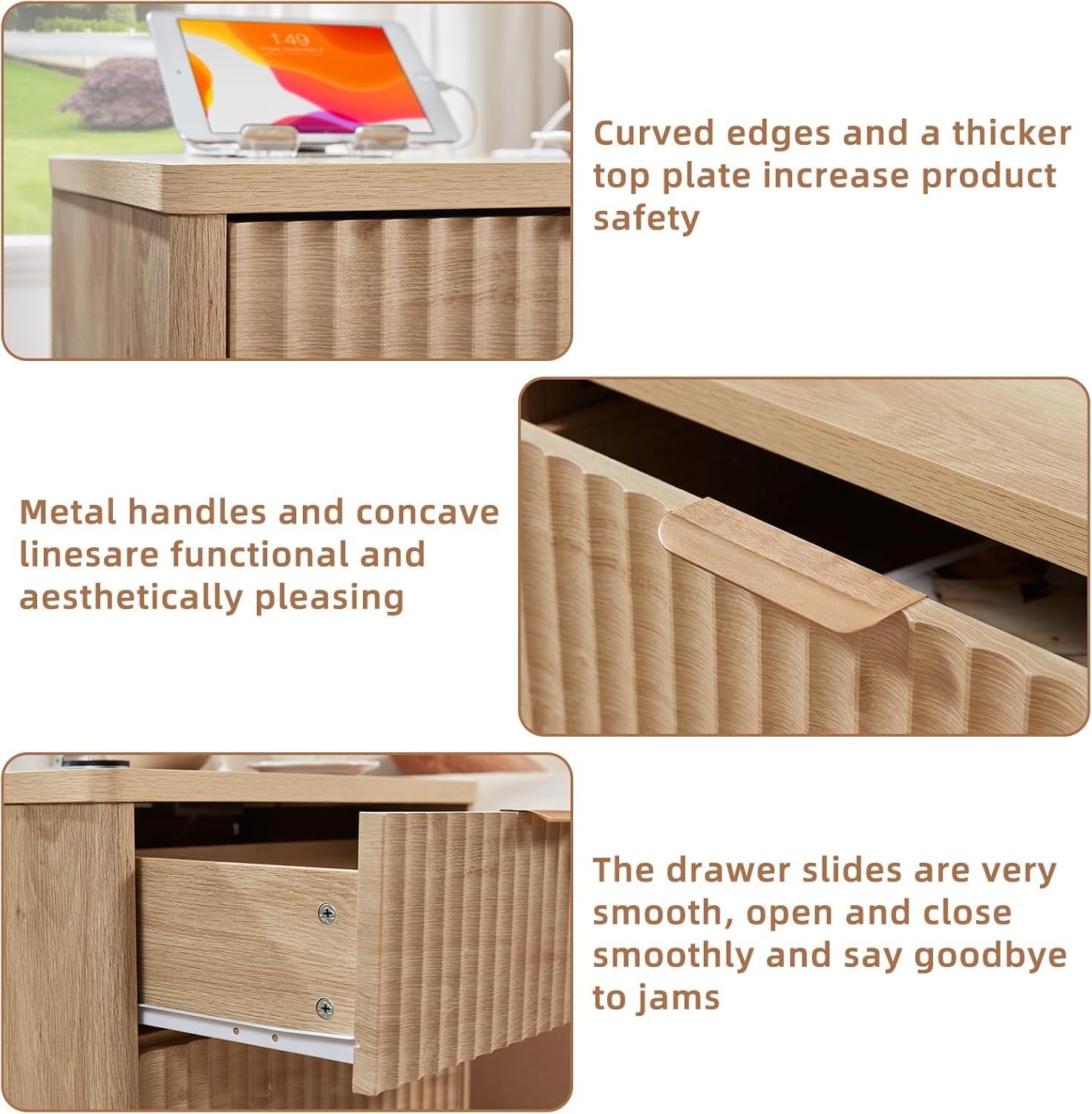 Leyaoyao dresser detail showing curved tabletop edges, metal handles, and smooth drawer slides