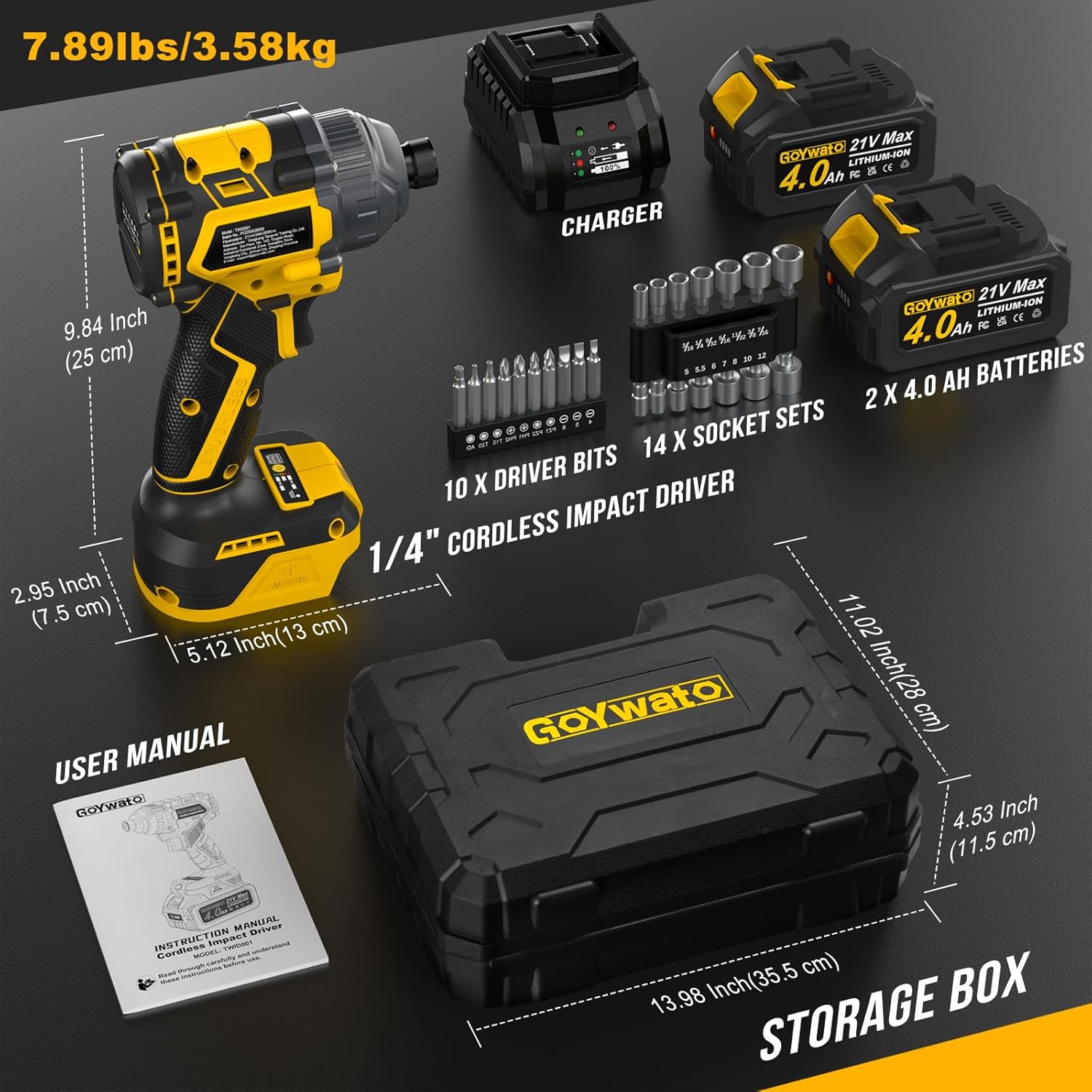 Diagram showing GoYwato impact driver dimensions, weight, and full kit contents including sockets, bits, batteries and case