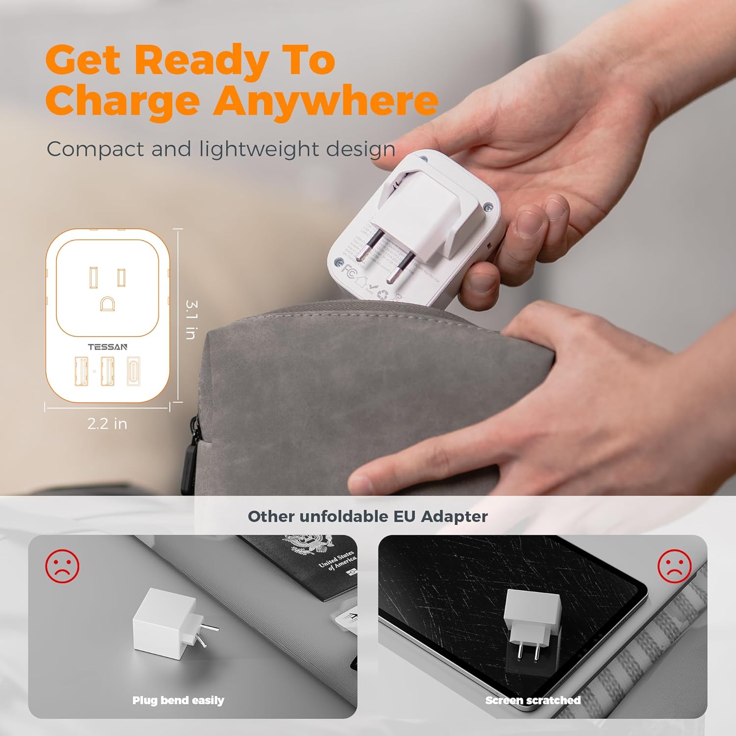 TESSAN European travel adapter folded flat for storage