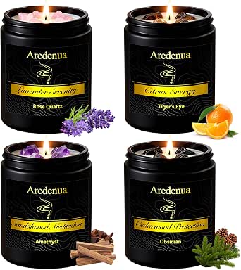Aredenua Crystal Healing Candle Set in black glass jars with a black gift box