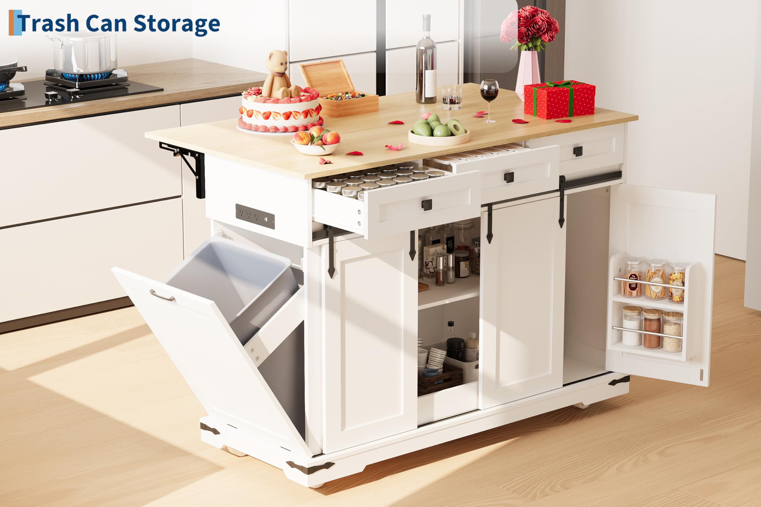 Garvee kitchen island styled in a kitchen with drop leaf extended