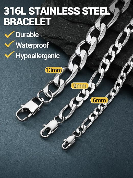 PROSTEEL 316L stainless steel bracelet callout showing durable, waterproof, hypoallergenic claims across 6mm, 9mm and 13mm widths