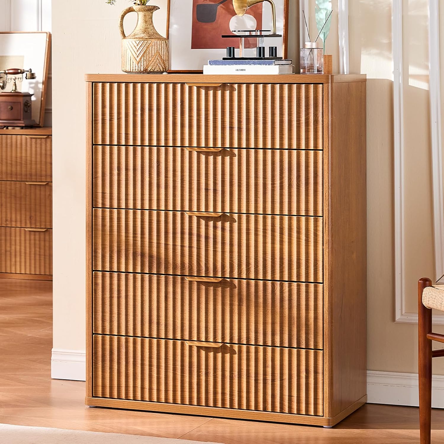 Leyaoyao Fluted 5-Drawer Dresser, front view, natural wood finish