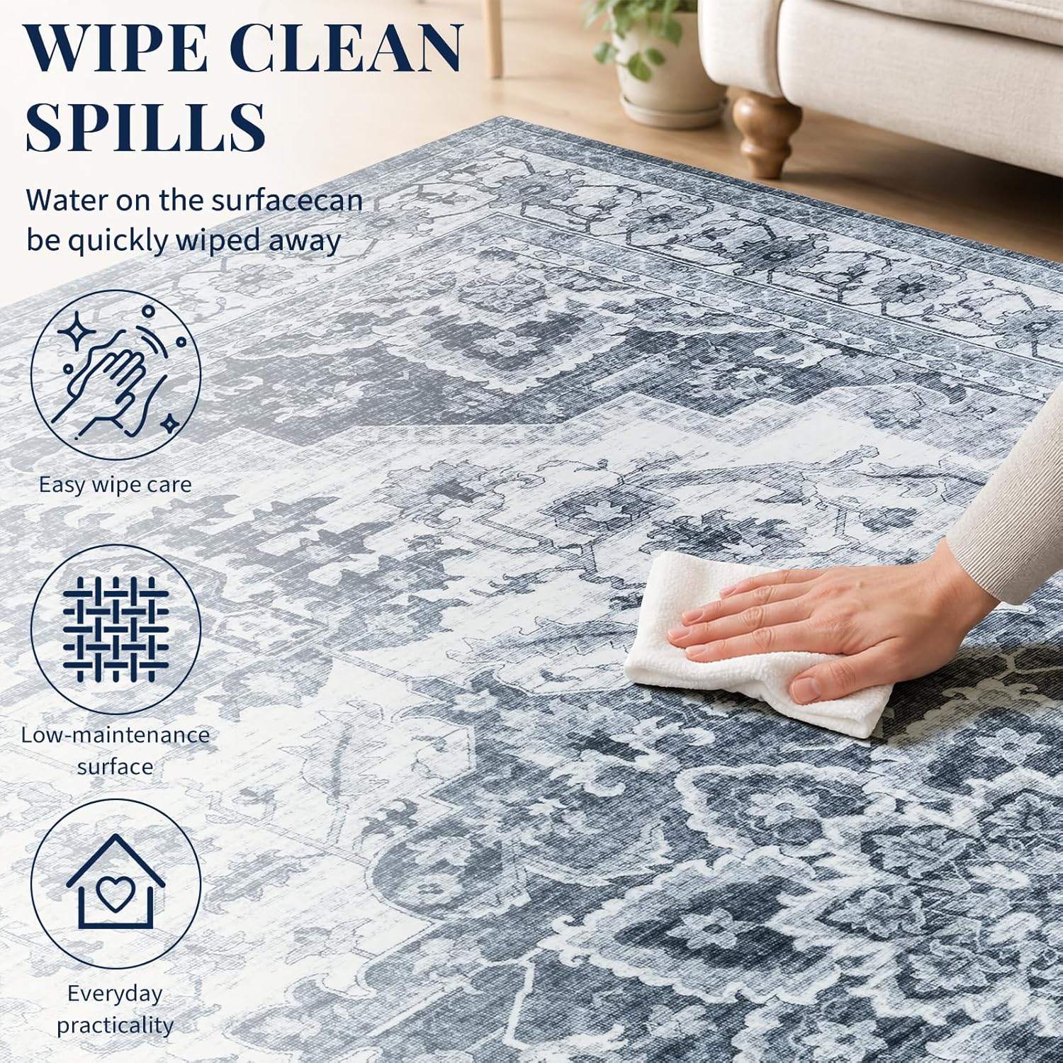 UKISS Washable Rugs 5'x7' vintage area rug in blue