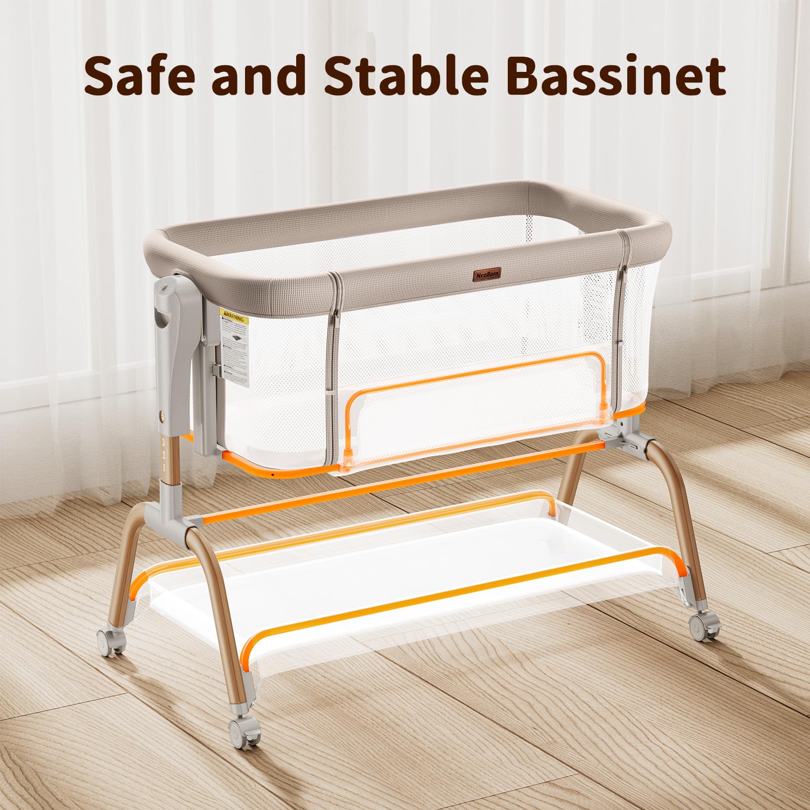 NeoBorn bassinet mesh side panel and storage compartment detail
