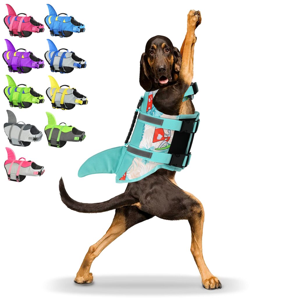 The Fragralley Shark Fin Dog Life Jacket, shown in its available color options