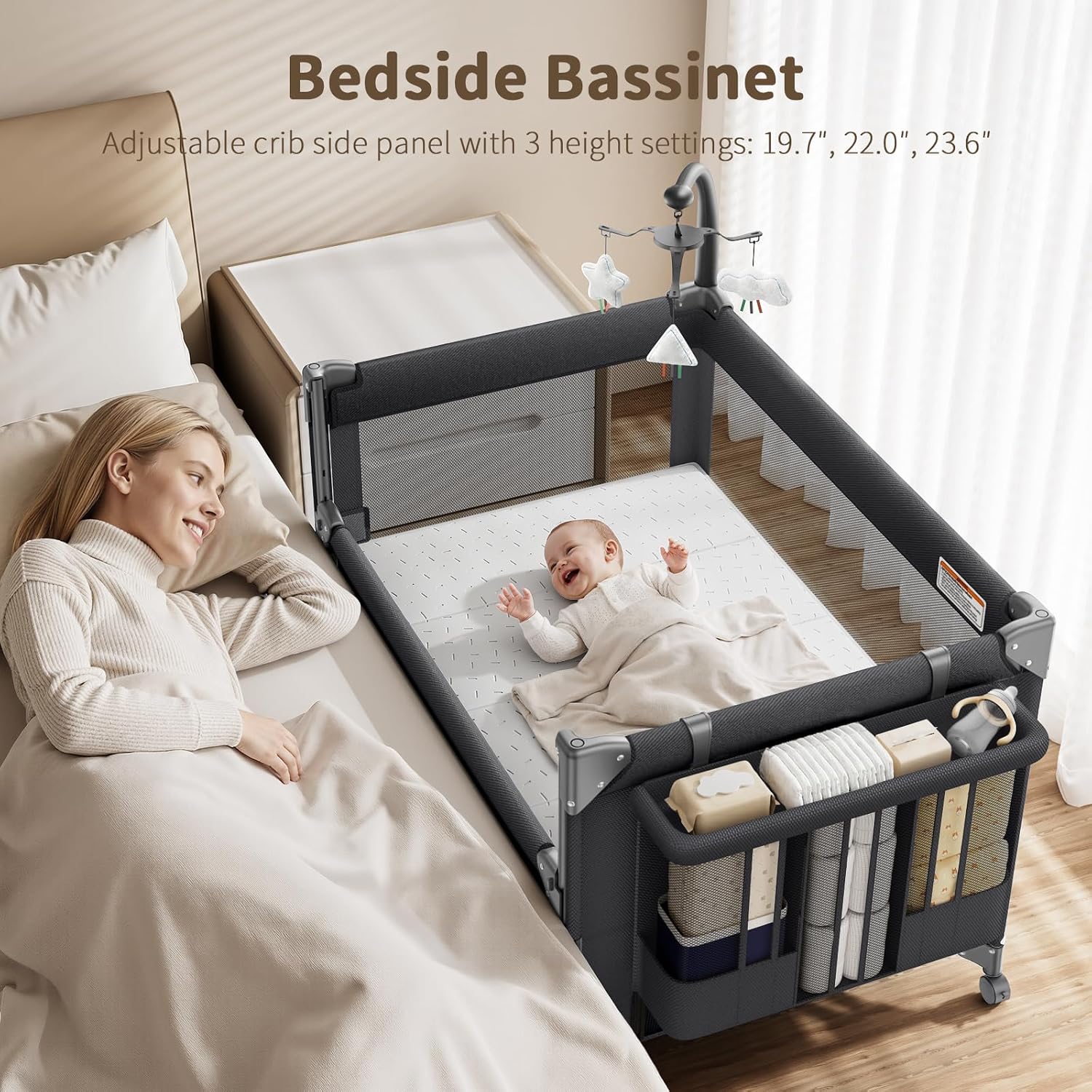 Gaive bedside bassinet mode showing the 3 adjustable height settings: 19.7, 22.0, and 23.6 inches