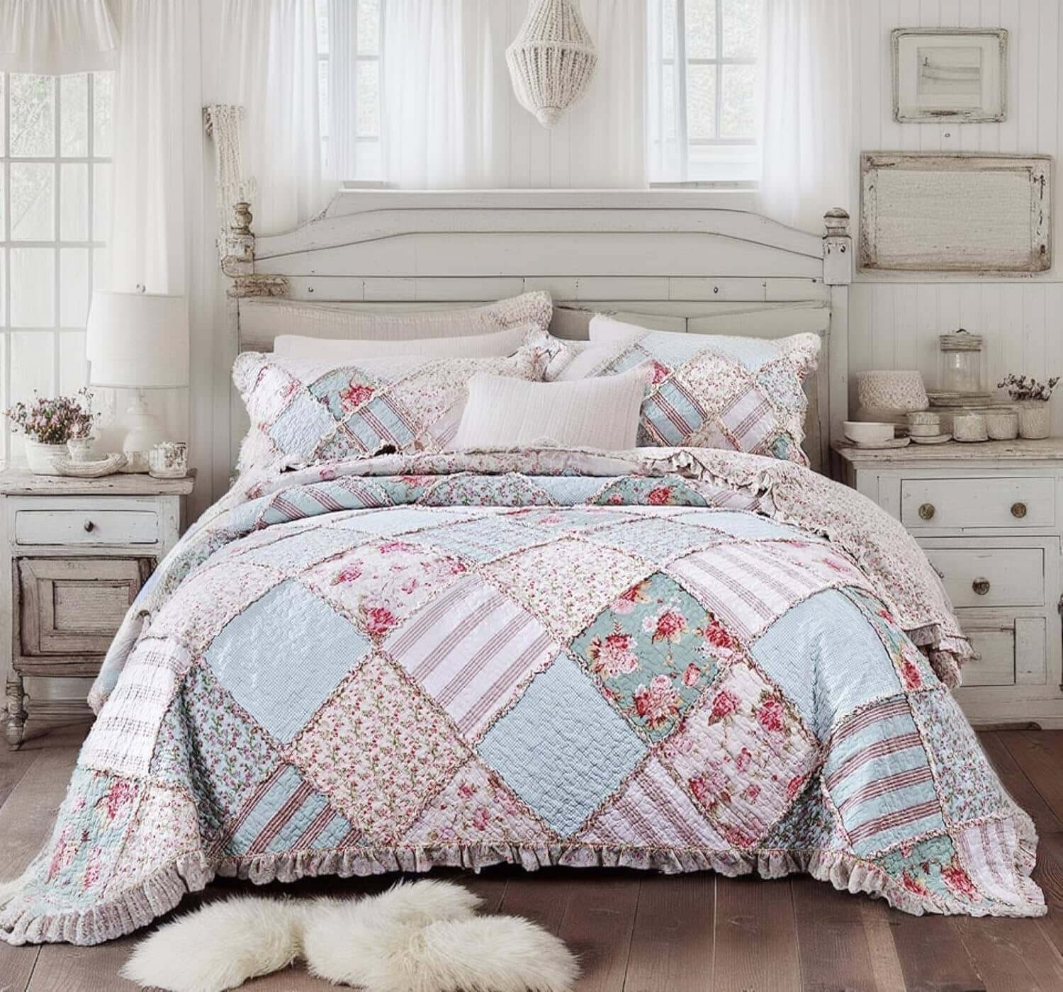 DaDa Bedding Hint of Mint Pastel Cotton Patchwork Quilt Set styled on a bed
