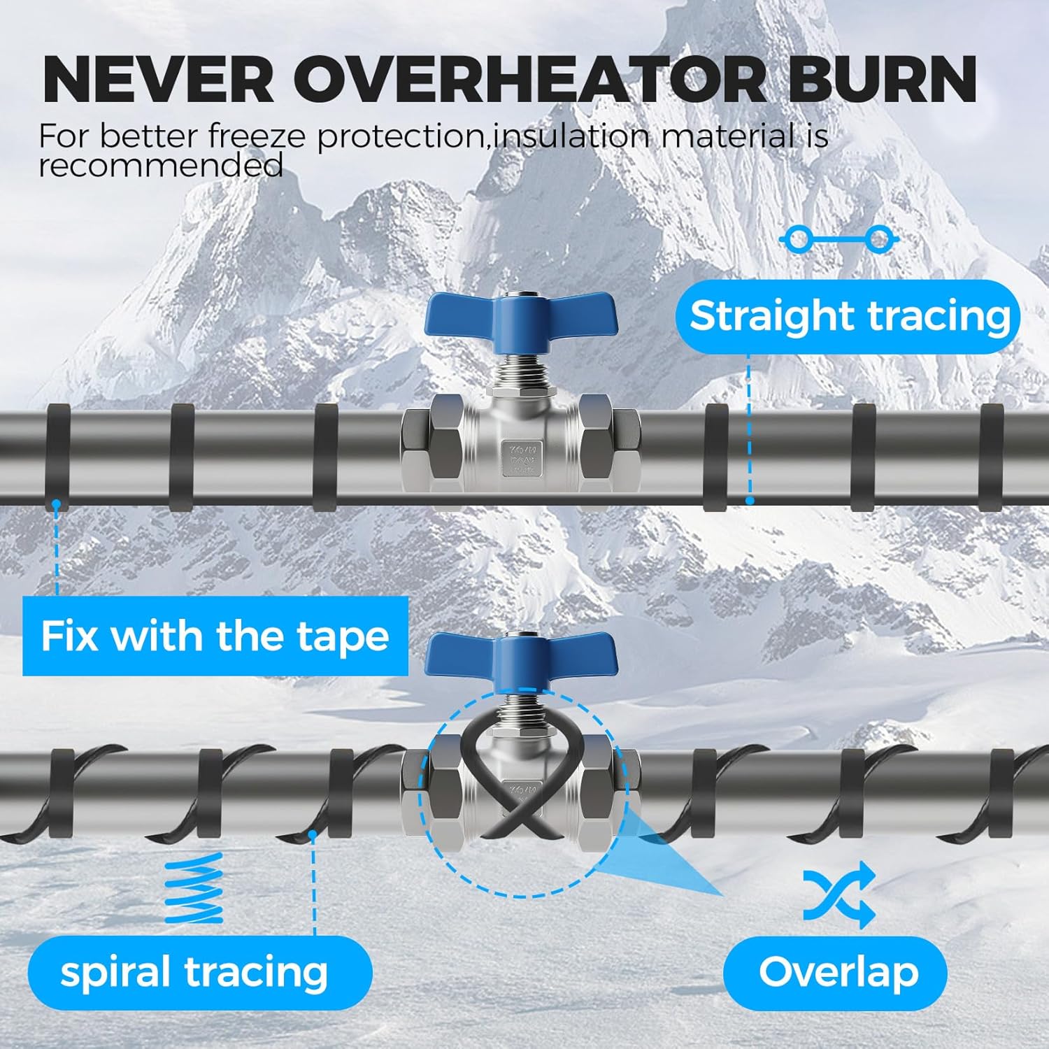 Wufoty installation diagram showing straight and spiral cable tracing secured with tape, with a warning against overlapping the cable