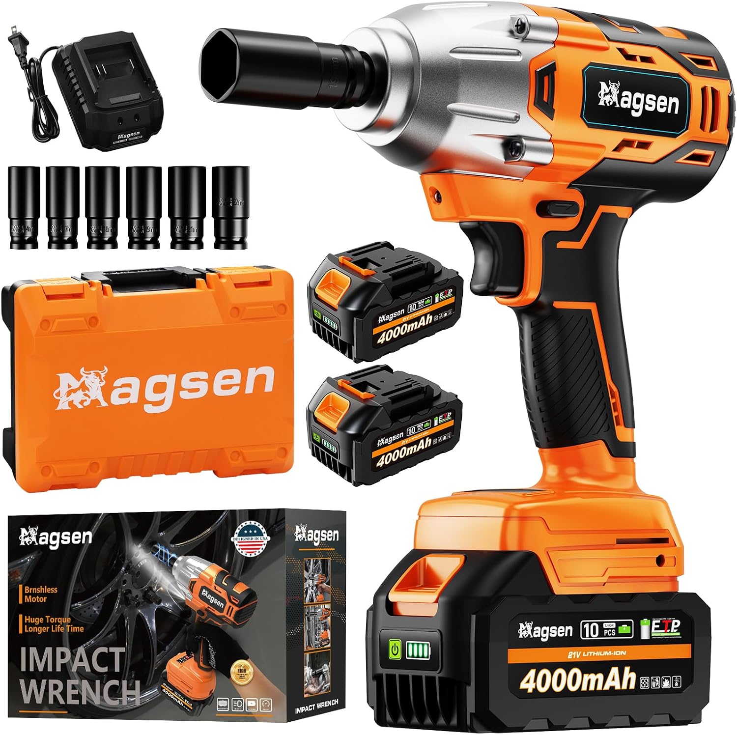 Full MAGSEN 700 ft-lbs impact wrench kit contents: wrench, two 4000mAh batteries, fast charger, six sockets, and carrying case