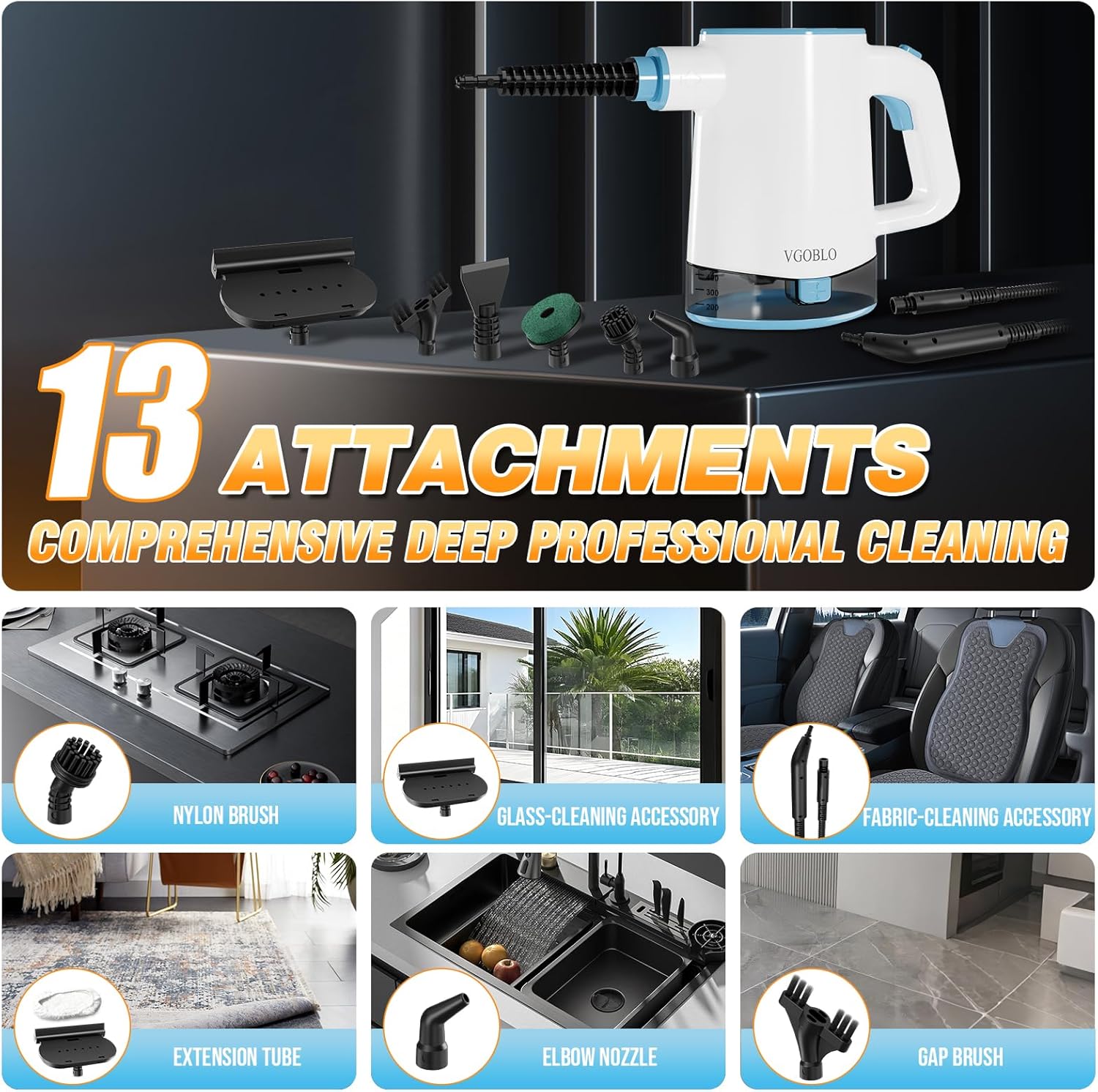 VGOBLO steam cleaner shown with its 13-piece attachment set and use cases