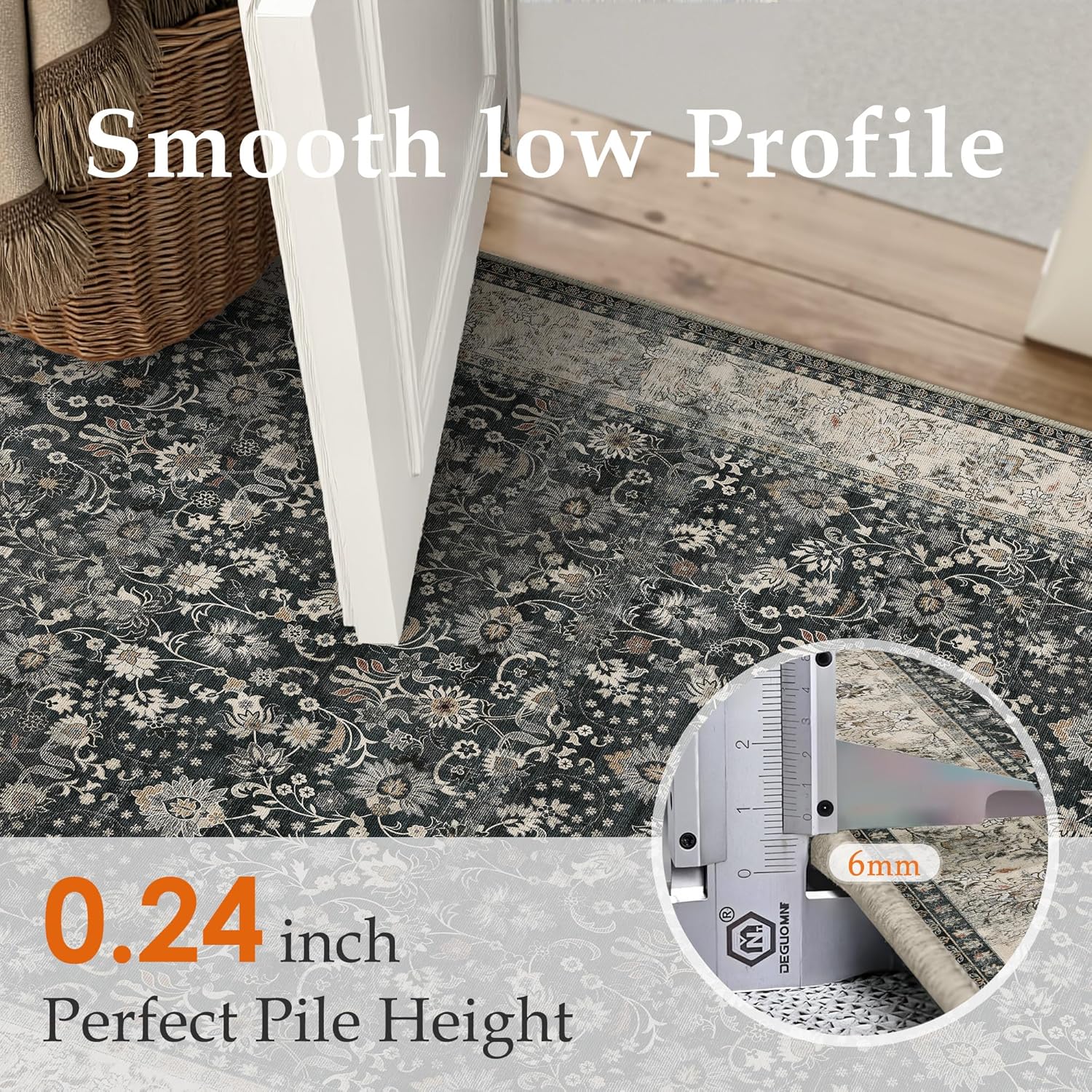 Close-up measurement showing the HUGEAR rug's 0.24 inch low pile height at a doorway threshold