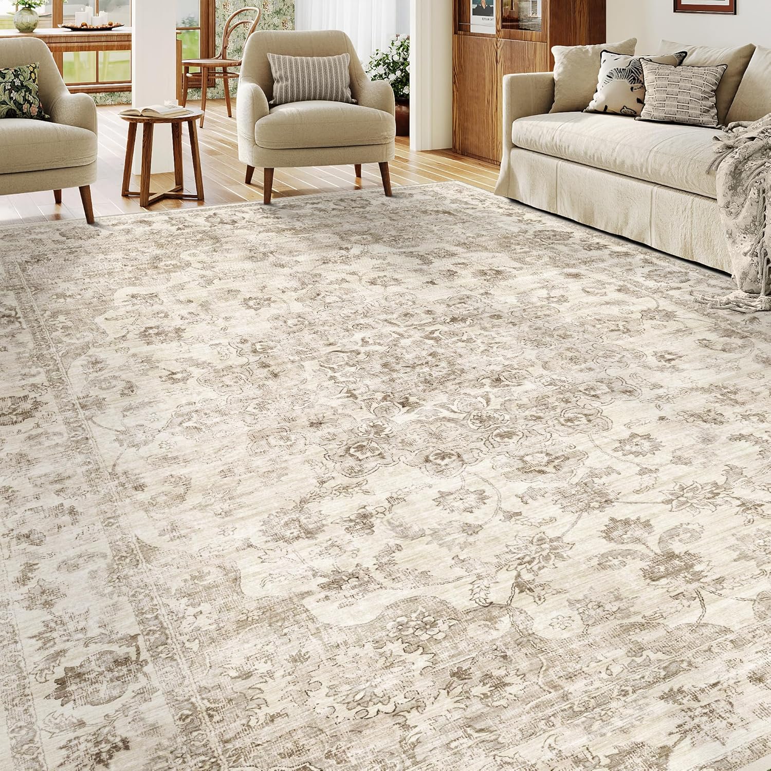 WondRg washable neutral abstract area rug in beige and grey styled in a living room