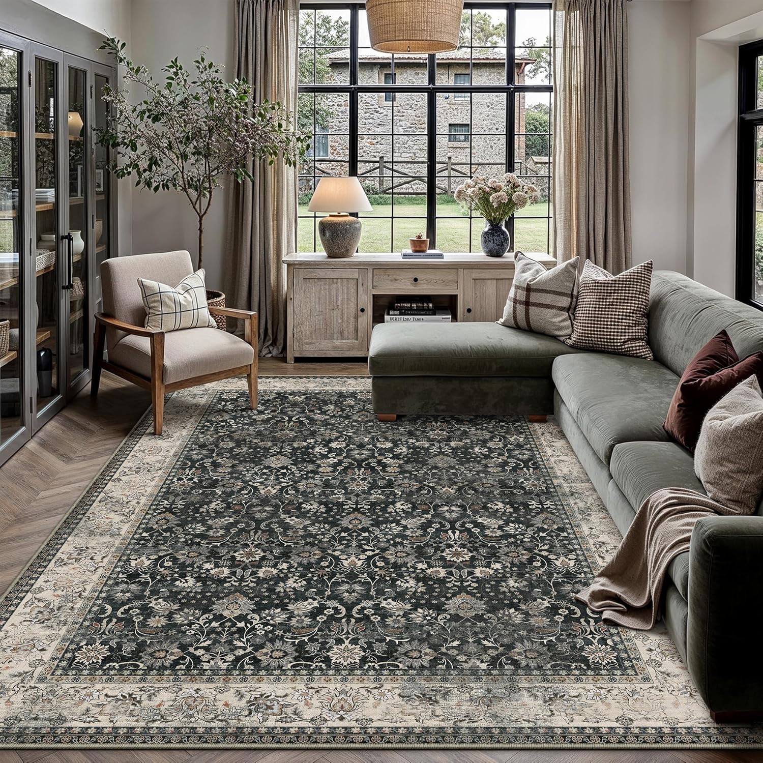 HUGEAR 8x10 Black Beige Hallway floral rug styled in a living room