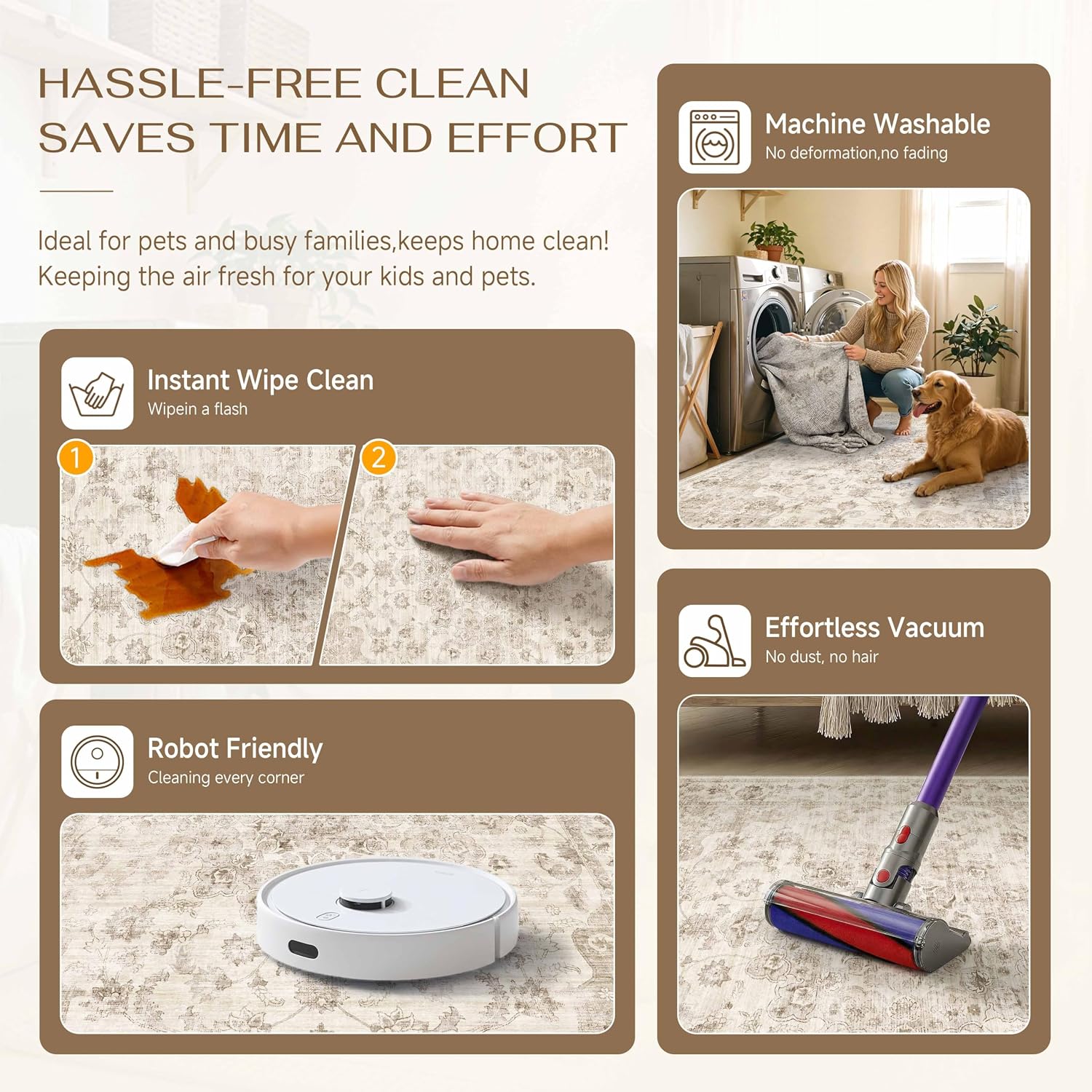 WondRg rug stain being wiped clean with a cloth, demonstrating machine washable and instant wipe-clean claims