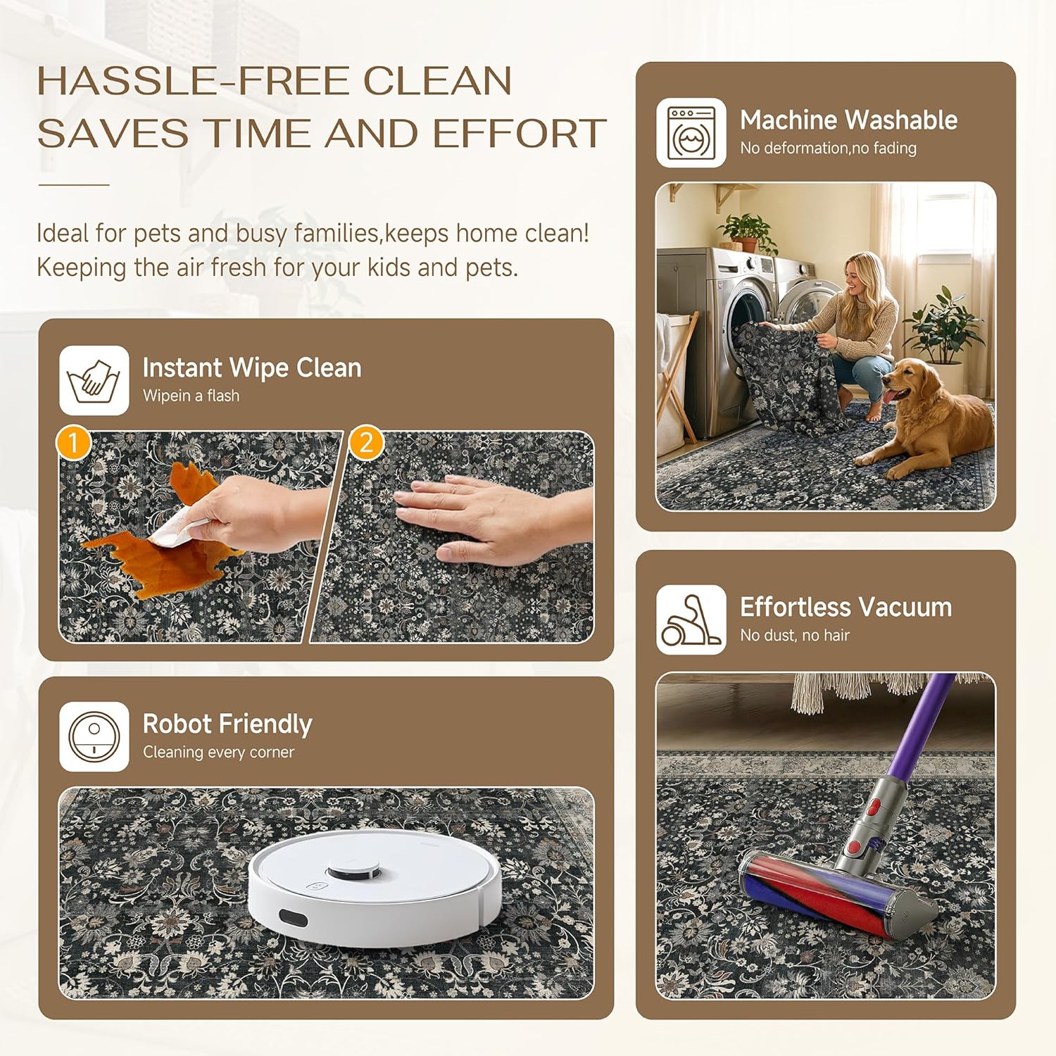 HUGEAR rug being machine washed, wiped clean, and vacuumed by a robot vacuum