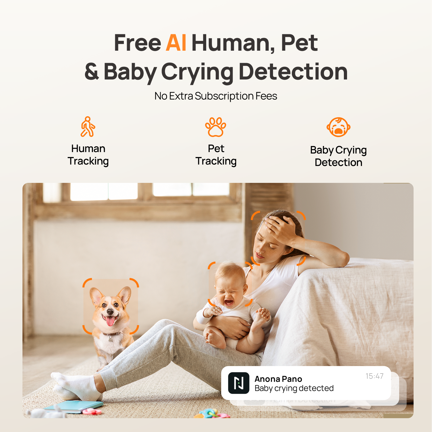 Anona Pano AI detection for person, pet, and baby crying