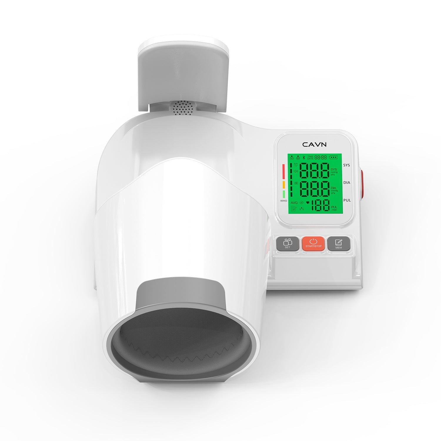 CAVN blood pressure monitor LED display showing a reading