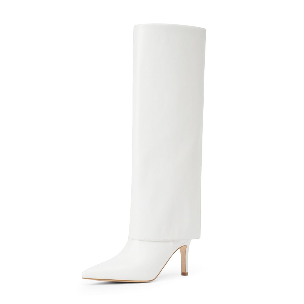 Modatope white fold-over knee-high boots