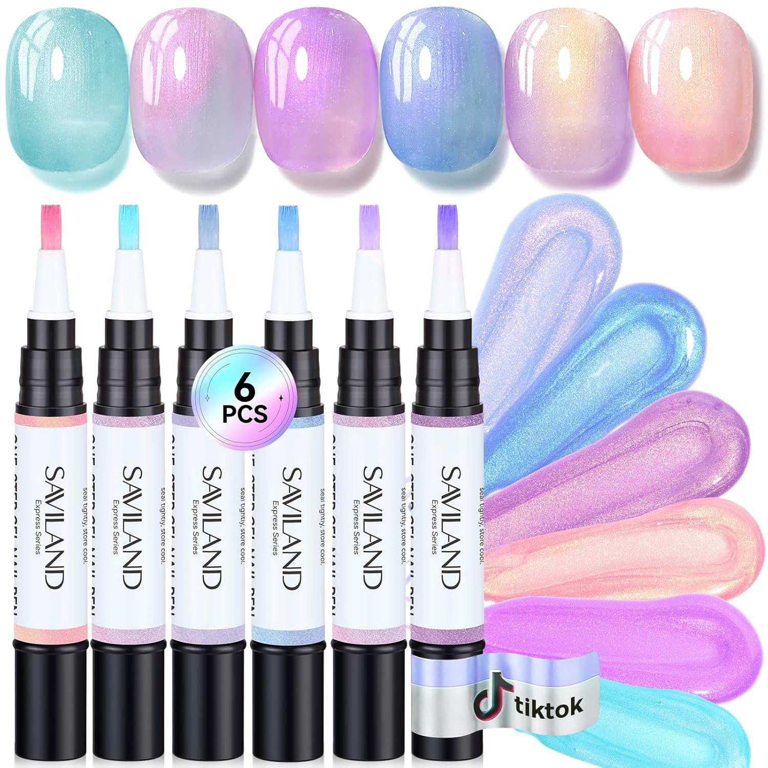 Saviland Express One-Step Gel Nail Polish Pens in pearl pink and blue aurora colors