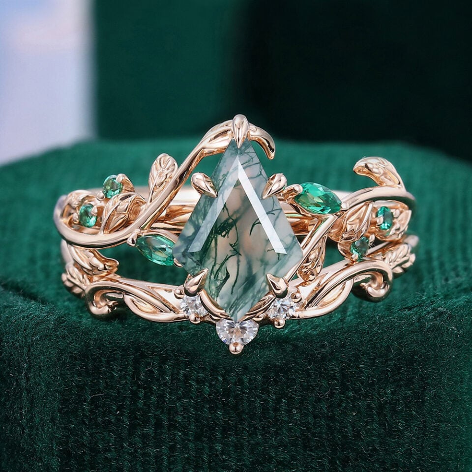 Molly Jewelry Kite Cut Moss Agate Bridal Ring Set with nature-inspired leaf design