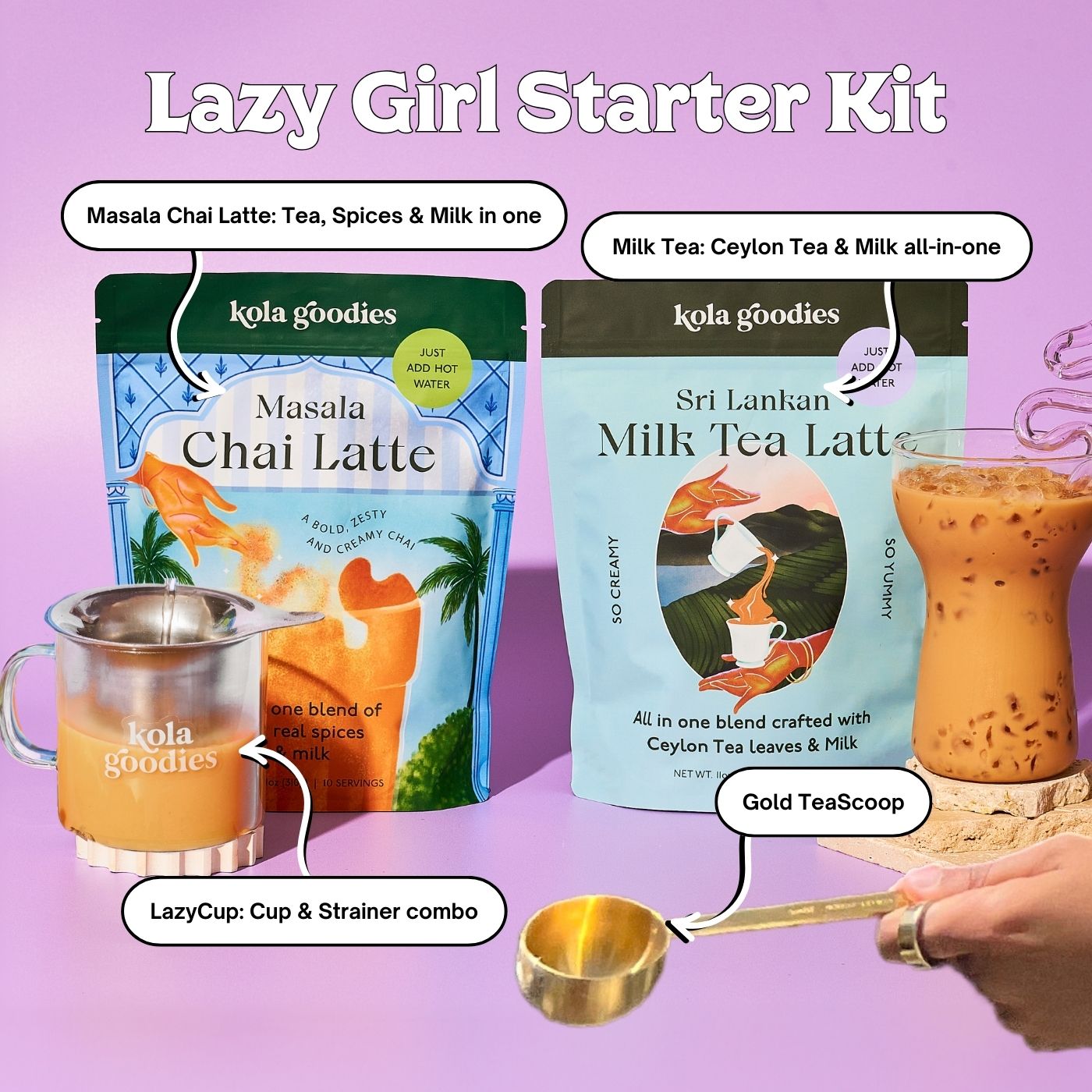 Kola Goodies Lazy Girl Starter Kit with LazyCup, tea scoop, Masala Chai and Sri Lankan Milk Tea packets