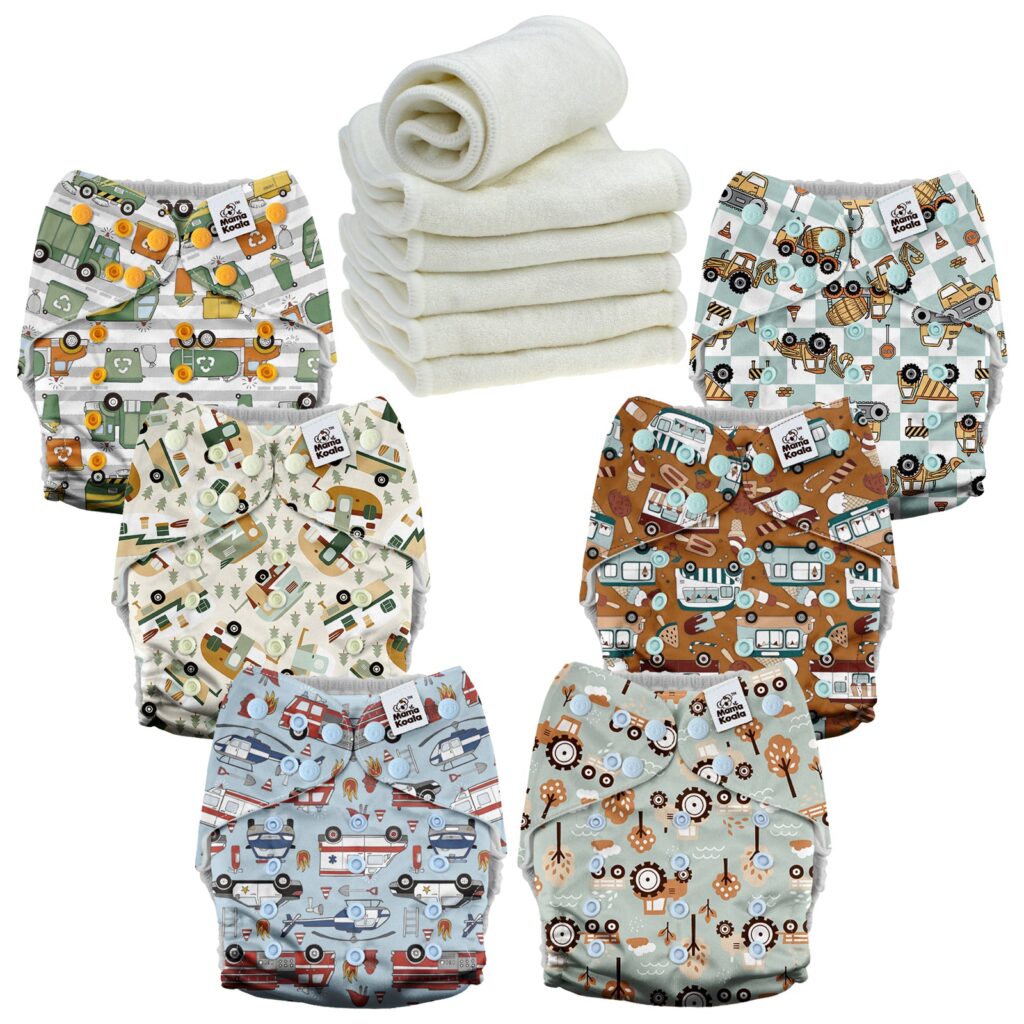 Mama Koala Pocket Diaper 3.0 six-pack with bamboo inserts in the Vroom Crews print