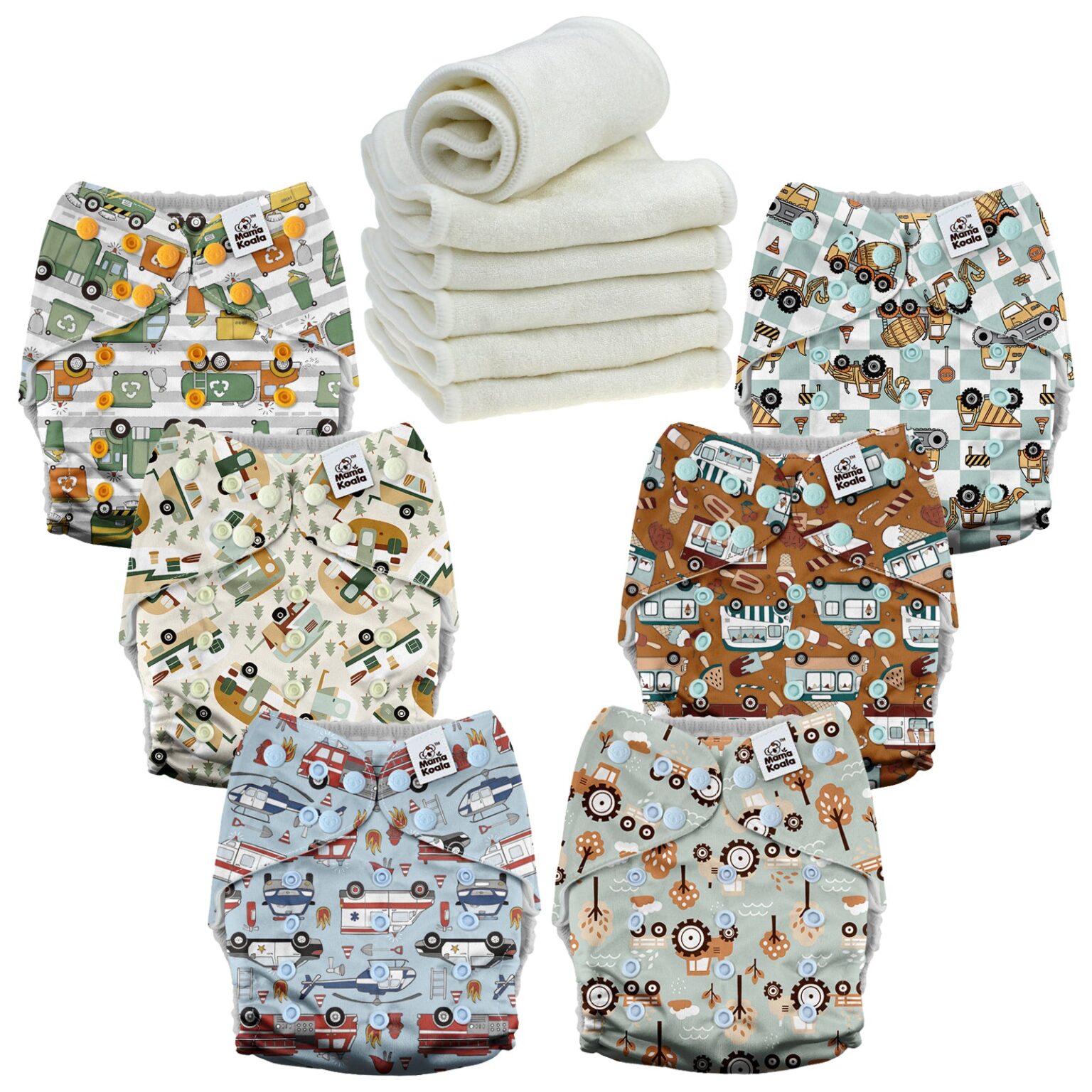 Mama Koala Pocket Diaper 3.0 Review: What 5,000+ Buyers Say About Fit, Leaks and Prints Mama Koala Pocket Diaper 3.0 six-pack with bamboo inserts in the Vroom Crews print