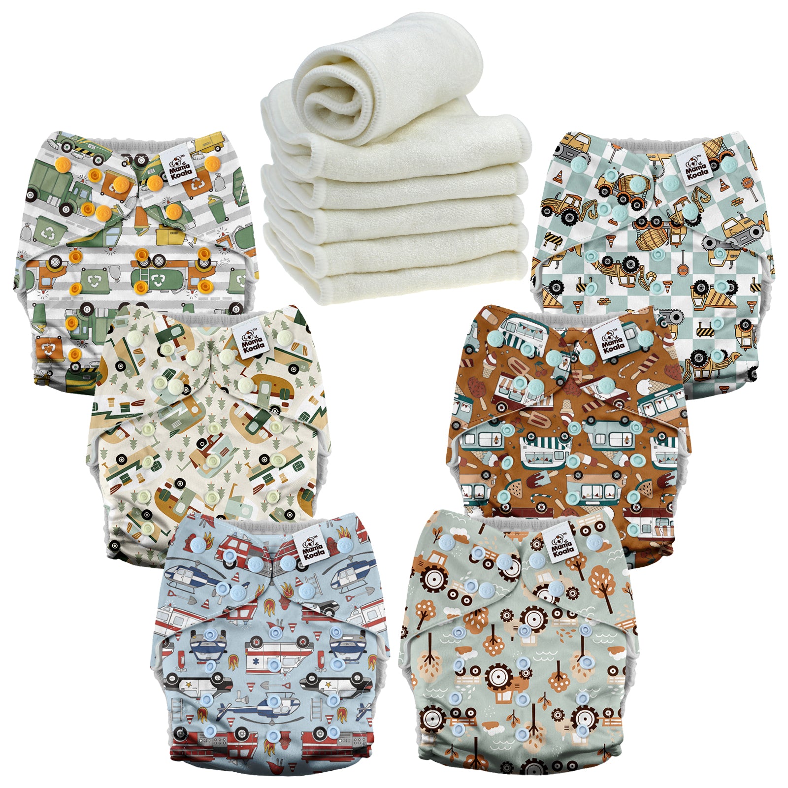 Mama Koala Pocket Diaper 3.0 six-pack in the Vroom Crews print with bamboo inserts